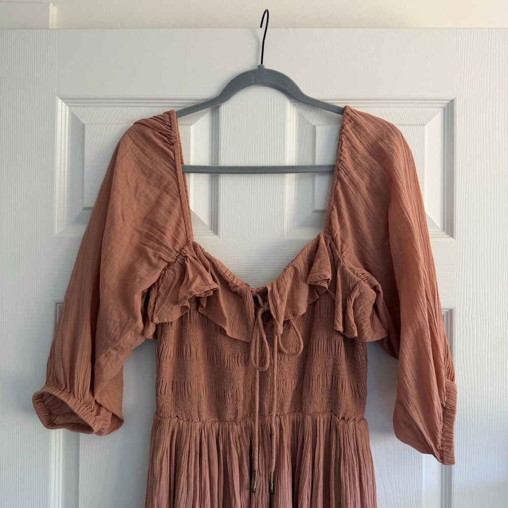 Free People Rust-Peach Peasant Maxi Dress with Ruffle Bodice